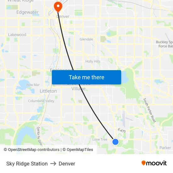 Sky Ridge Station to Denver map