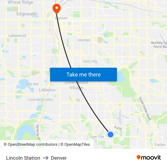 Lincoln Station to Denver map