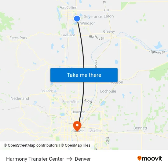Harmony Transfer Center to Denver map