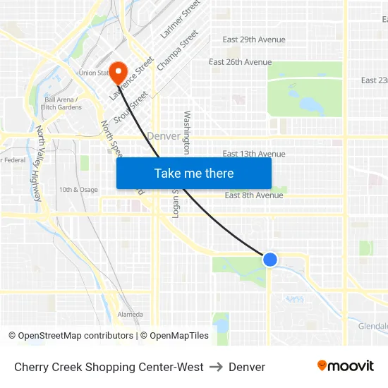 Cherry Creek Shopping Center-West to Denver map