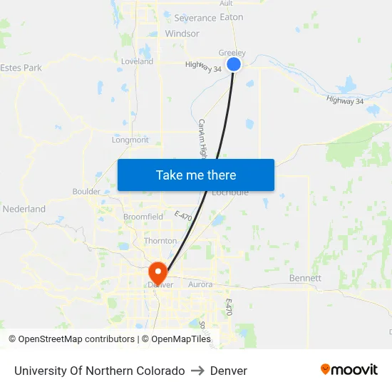 University Of Northern Colorado to Denver map