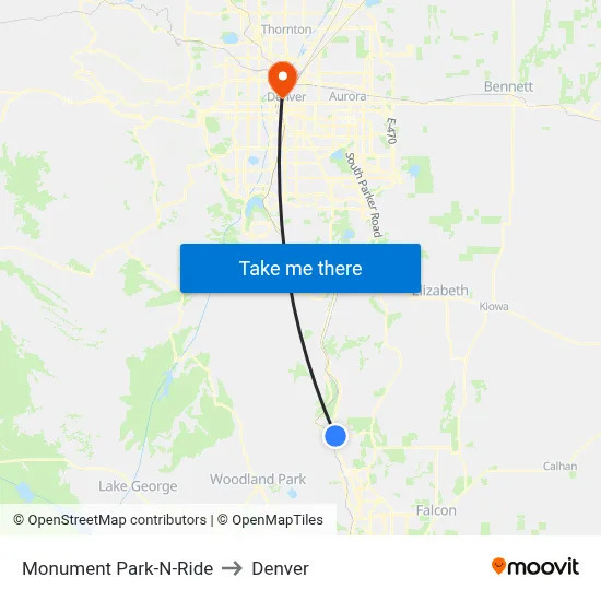 Monument Park-N-Ride to Denver map