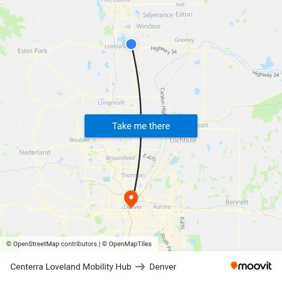 Centerra Loveland Mobility Hub to Denver map