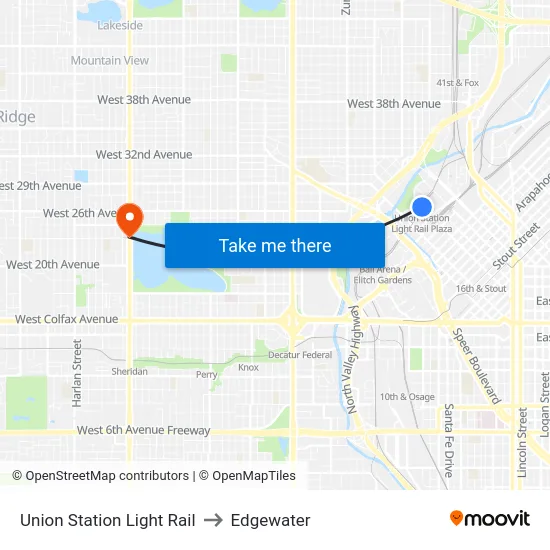 Union Station Light Rail to Edgewater map