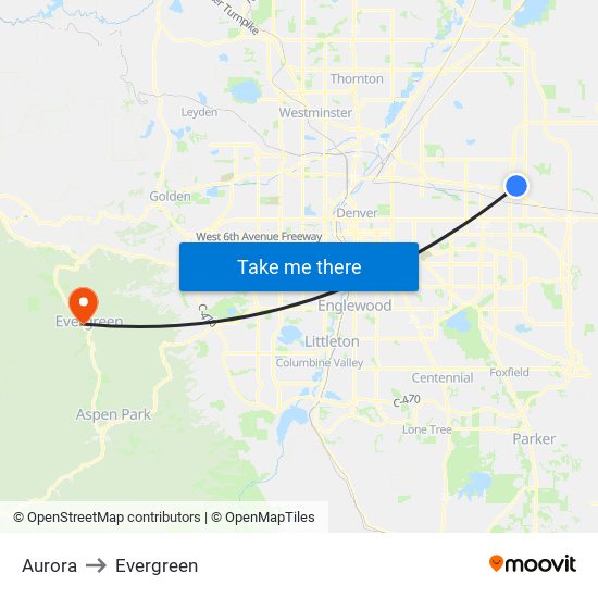 Aurora to Evergreen map