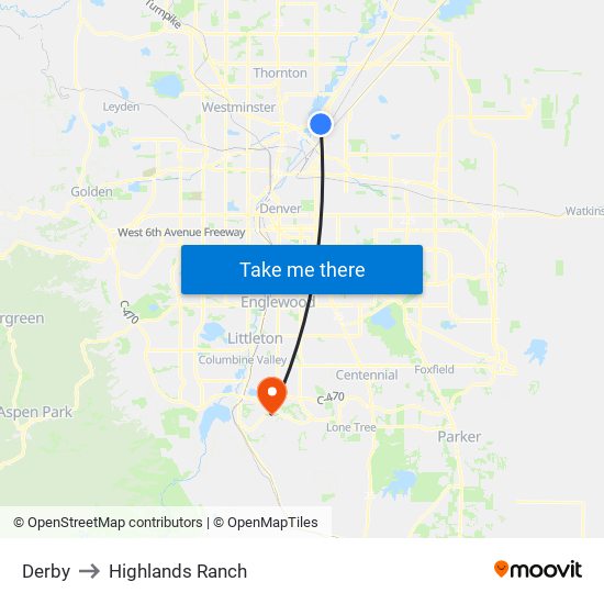 Derby to Highlands Ranch map