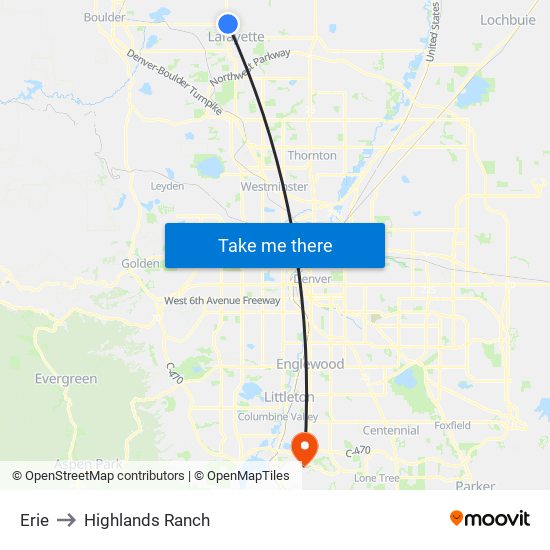 Erie to Highlands Ranch map