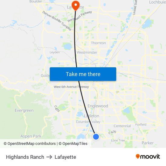 Highlands Ranch to Lafayette map