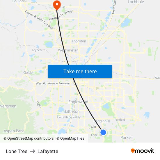 Lone Tree to Lafayette map