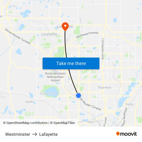 Westminster to Lafayette map