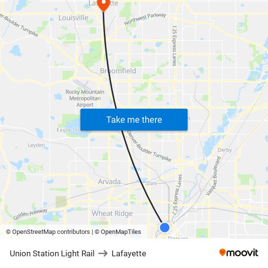 Union Station Light Rail to Lafayette map