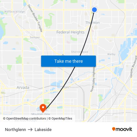 Northglenn to Lakeside map