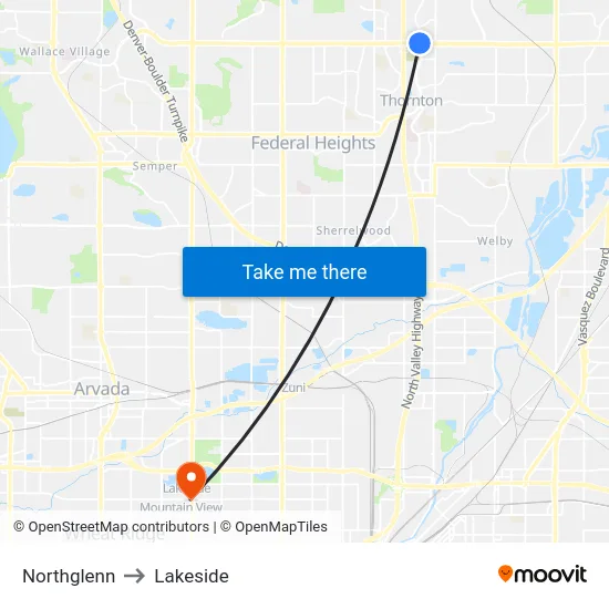 Northglenn to Lakeside map