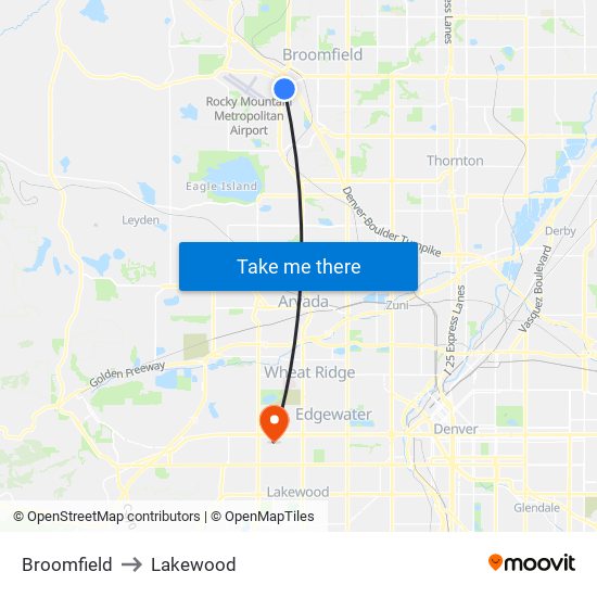 Broomfield to Lakewood map