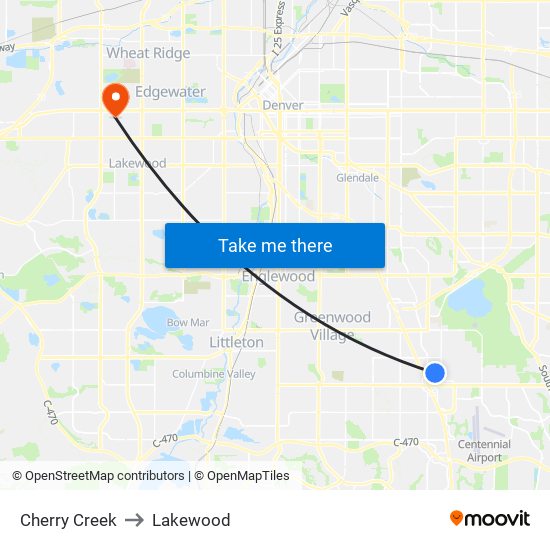 Cherry Creek to Lakewood map