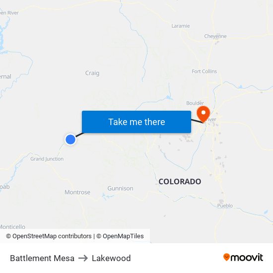 Battlement Mesa to Lakewood map