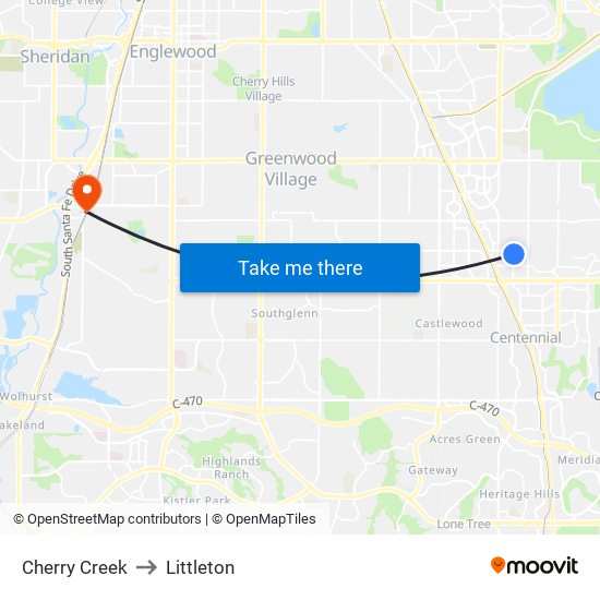 Cherry Creek to Littleton map