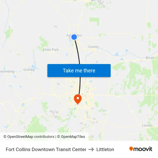 Fort Collins Downtown Transit Center to Littleton map