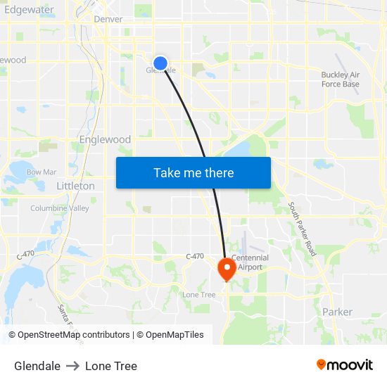 Glendale to Lone Tree map