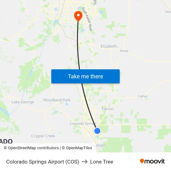 Colorado Springs Airport (COS) to Lone Tree map