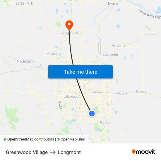 Greenwood Village to Longmont map