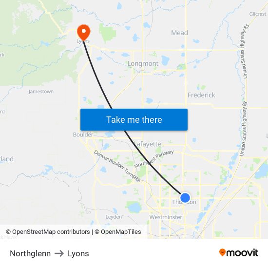 Northglenn to Lyons map