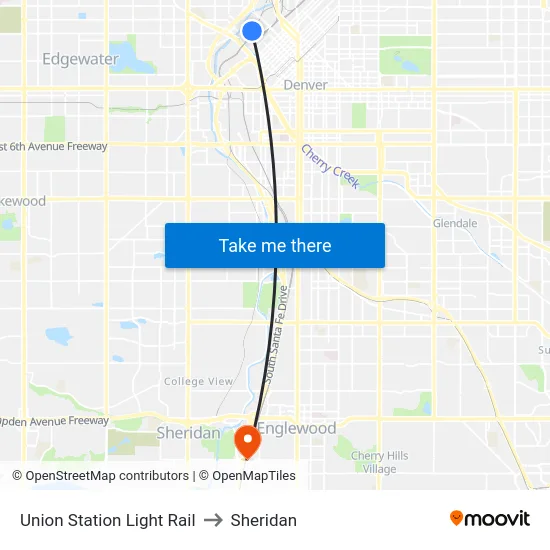 Union Station Light Rail to Sheridan map