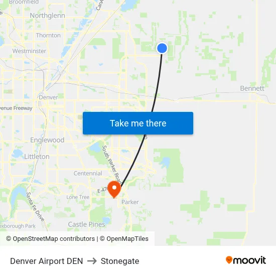 Denver Airport DEN to Stonegate map