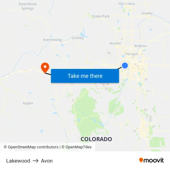 Lakewood to Avon map