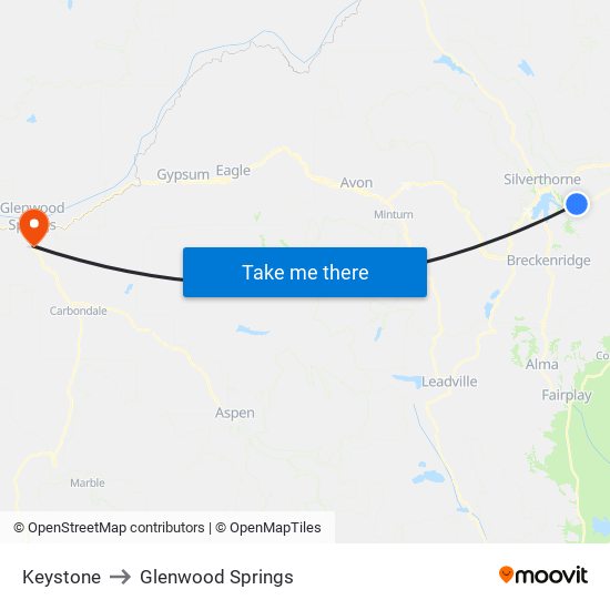 Keystone to Glenwood Springs map