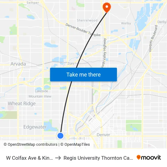W Colfax Ave & King St to Regis University Thornton Campus map
