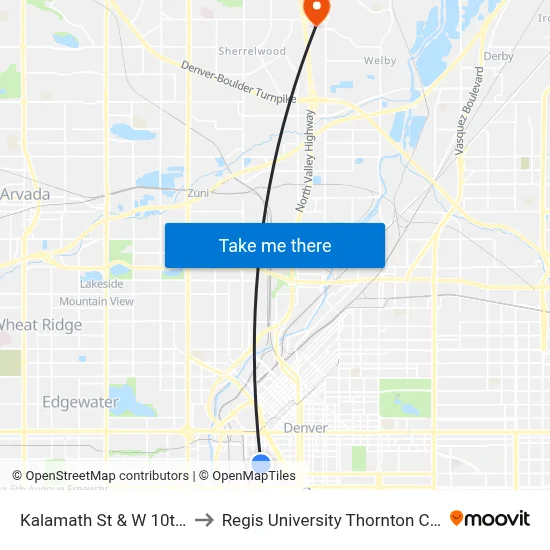 Kalamath St & W 10th Ave to Regis University Thornton Campus map