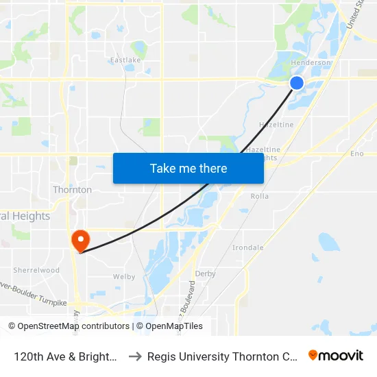 120th Ave & Brighton Rd to Regis University Thornton Campus map