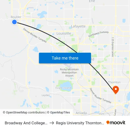 Broadway And College Avenue to Regis University Thornton Campus map