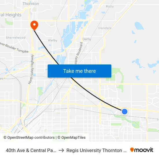 40th Ave & Central Park Blvd to Regis University Thornton Campus map