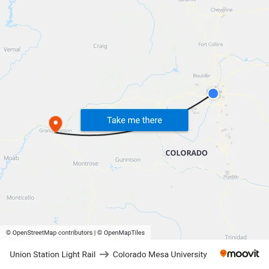 Union Station Light Rail to Colorado Mesa University map