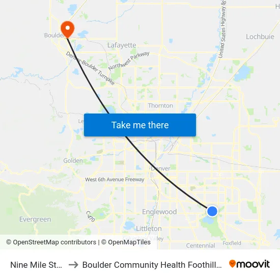 Nine Mile Station to Boulder Community Health Foothills Hospital map