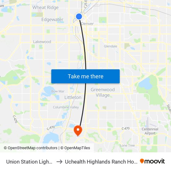 Union Station Light Rail to Uchealth Highlands Ranch Hospital map