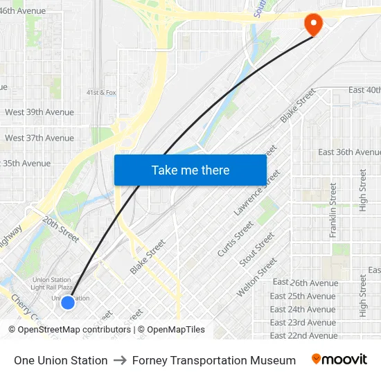 One Union Station to Forney Transportation Museum map