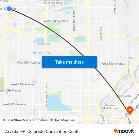 Arvada to Colorado Convention Center map