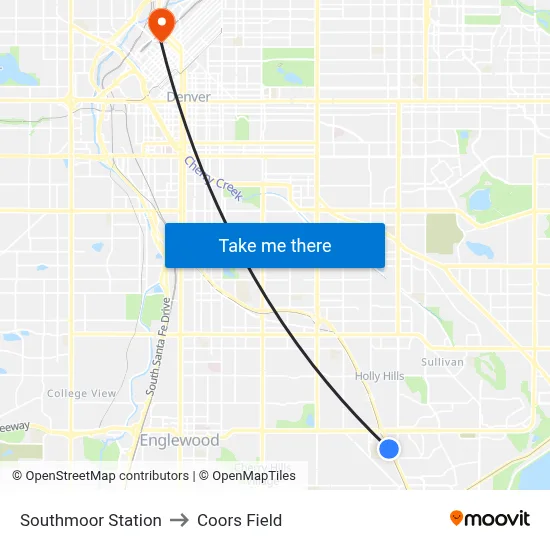 Southmoor Station to Coors Field map