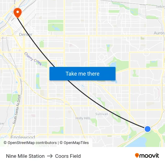 Nine Mile Station to Coors Field map