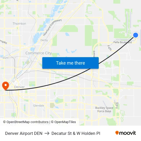 Denver Airport DEN to Decatur St & W Holden Pl map