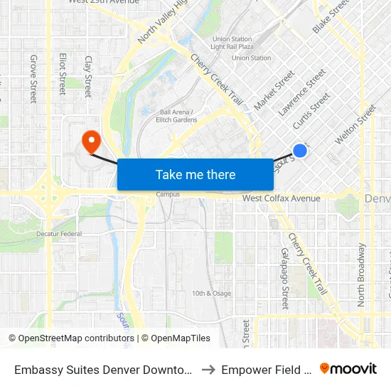 Embassy Suites Denver Downtown Convention Center to Empower Field at Mile High map