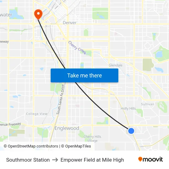 Southmoor Station to Empower Field at Mile High map