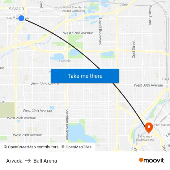 Arvada to Ball Arena map
