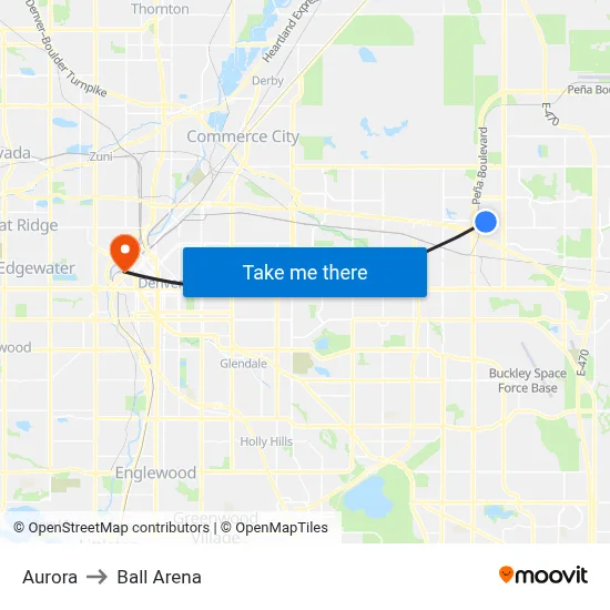 Aurora to Ball Arena map