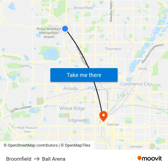 Broomfield to Ball Arena map