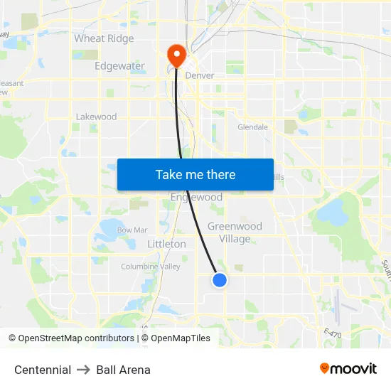 Centennial to Ball Arena map