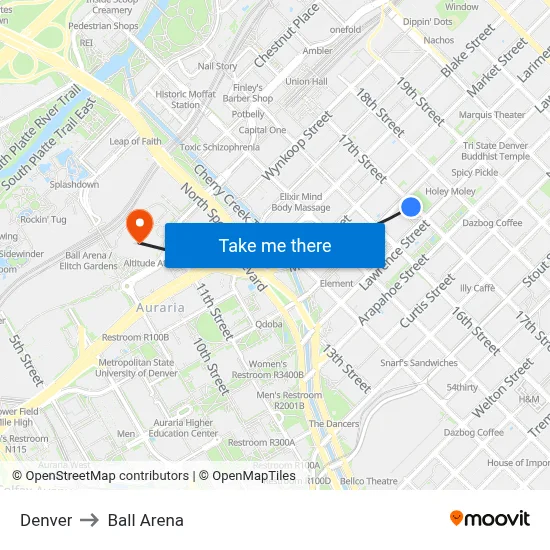Denver to Ball Arena map